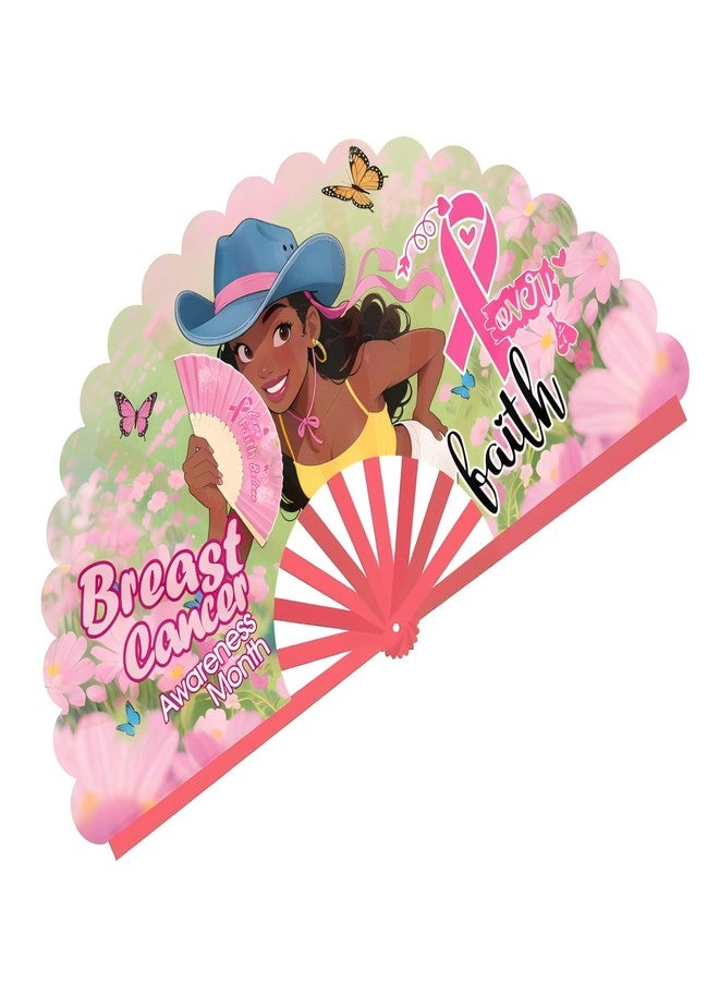 FENNIDICE Love Breast,Line Dance Popping Fan, Cowgirl Fan For Line Dancing, Western Hand Fans, Boots On The Ground, Large Festival Folding Fan,Pink Ribbon (C) - Image 1